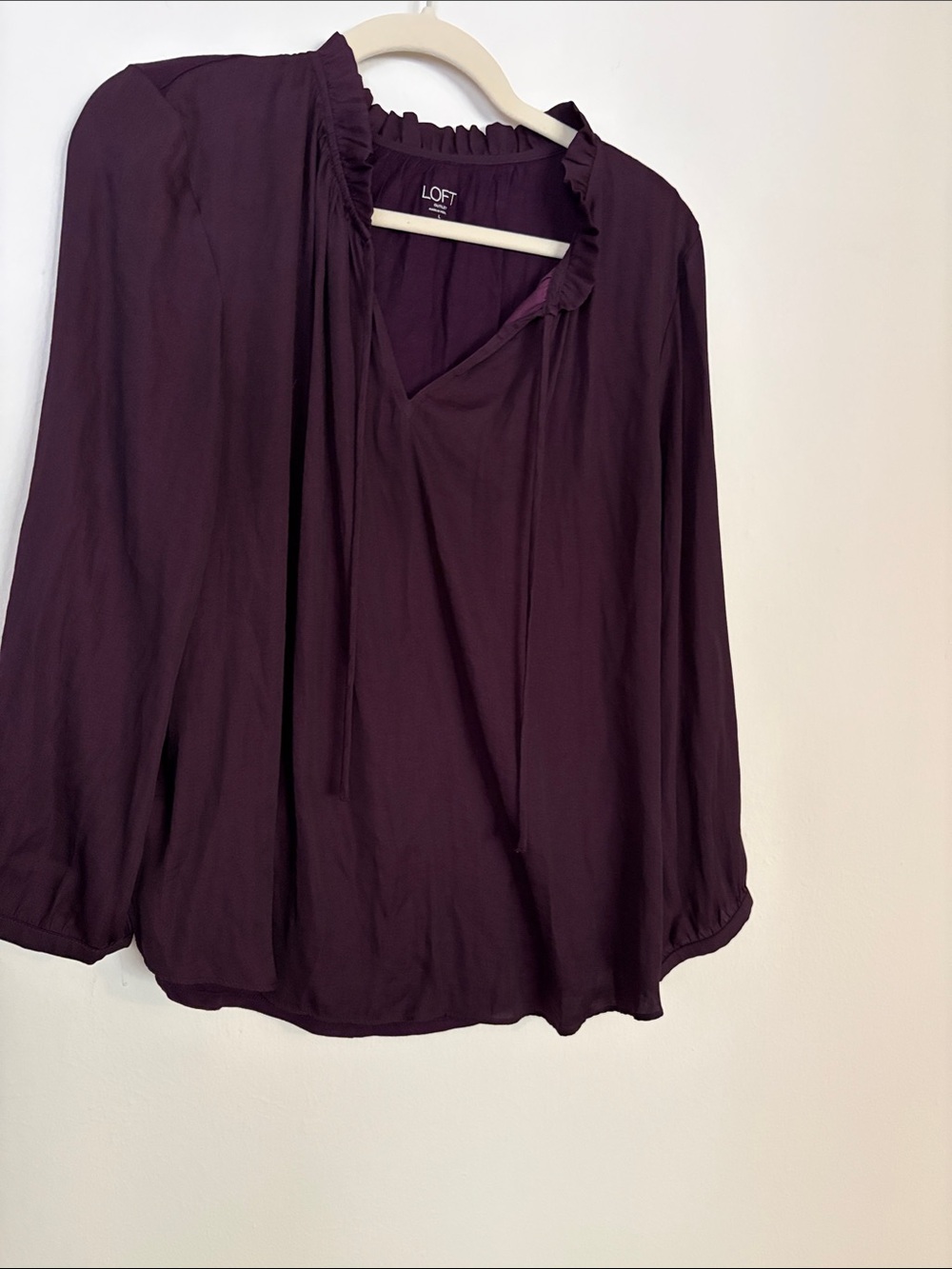 LOFT Deep Plum Ruffle-Tie Blouse